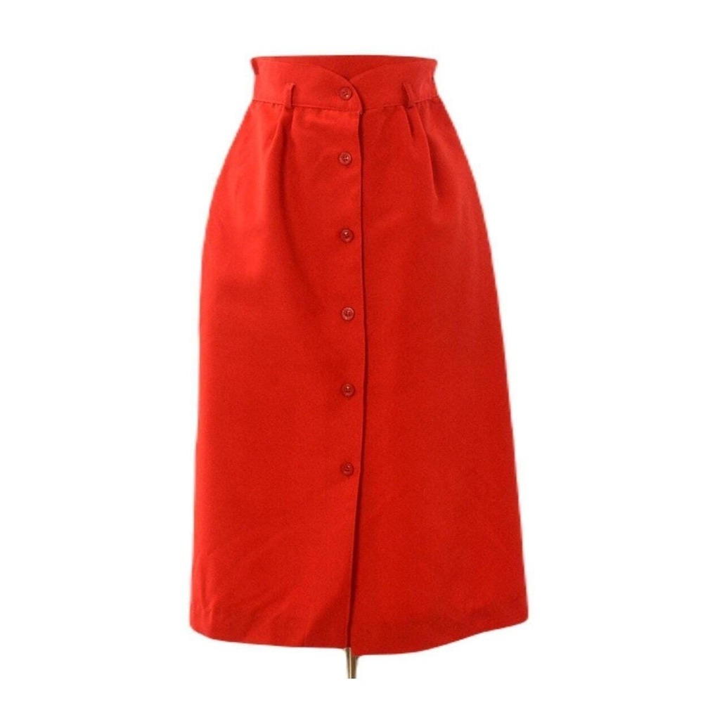 60s Vintage Red Button Front Midi Skirt Womens 2XS 00 Mod Pleated Casual Glamour